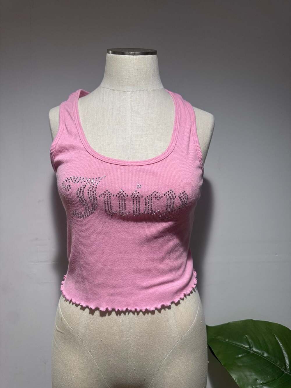 Juicy Couture Pink Rhinestone Logo Ribbed Tank Top Size M Y2K